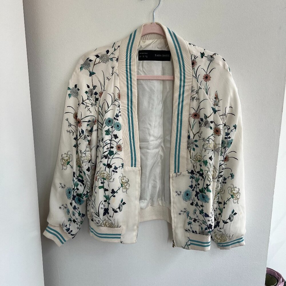 Zara Floral Bird Bomber Satin Jacket